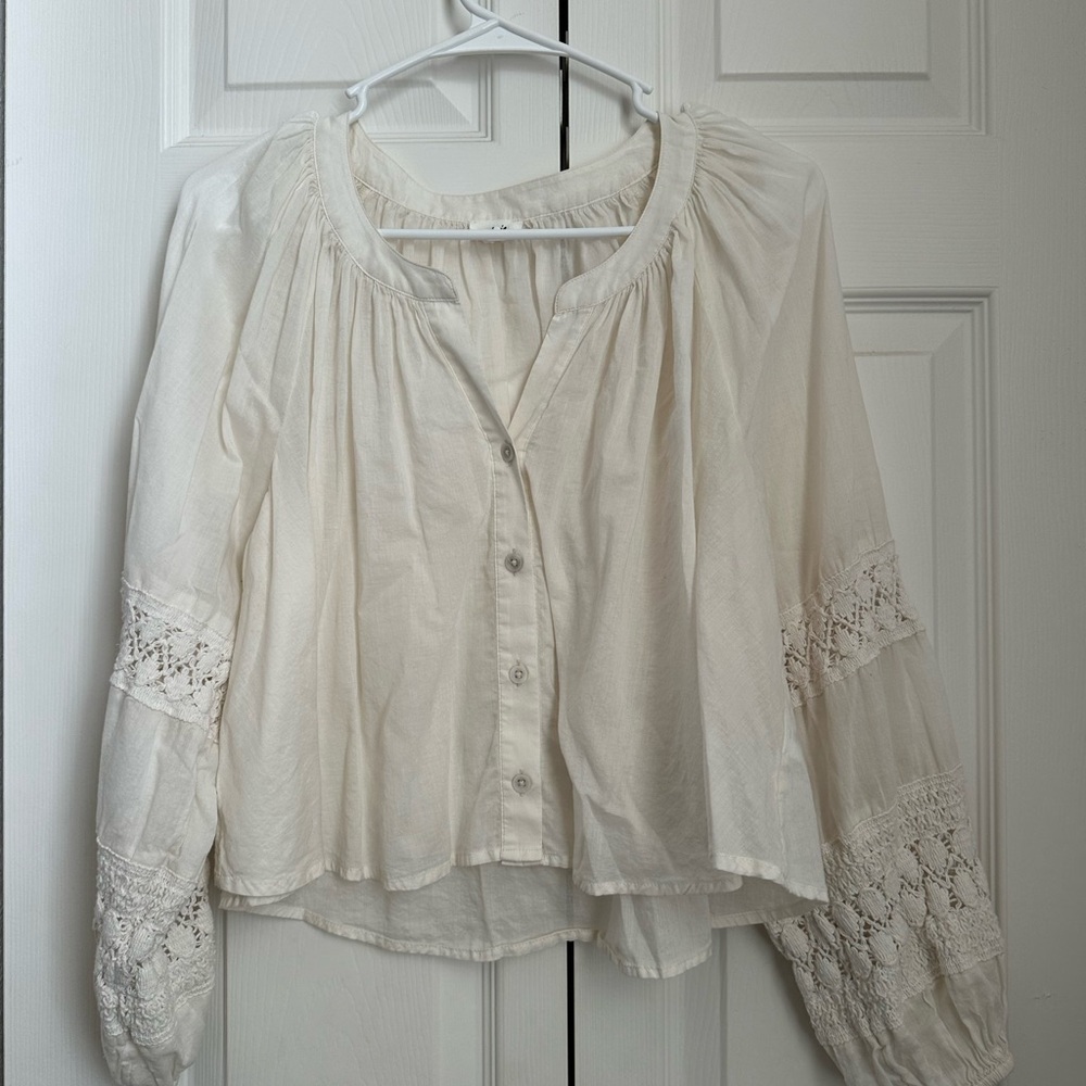 Aerie Cream Long Sleeve Smocked Blouse